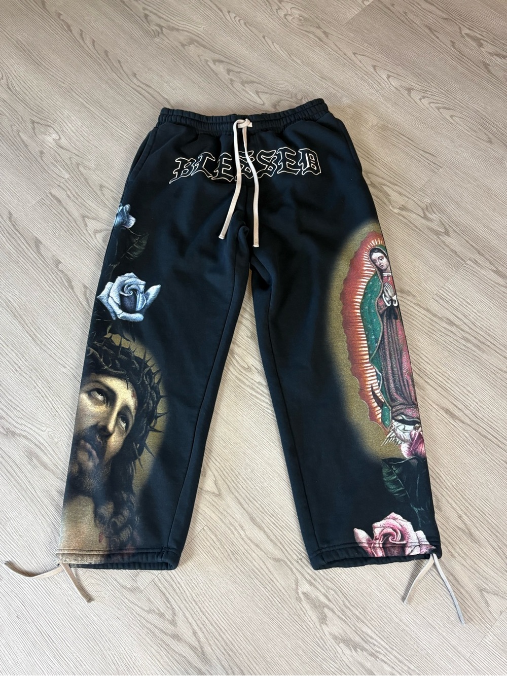 DGK Black Graphic Sweatpants with Religious & Rose Motifs